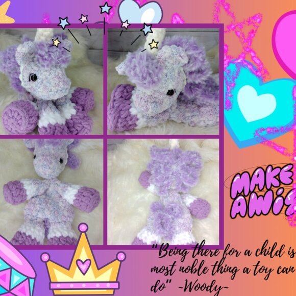 Unicorn at Play! Crochet Plushie - Snuggler with removeable headband horn. - Picture 9 of 10